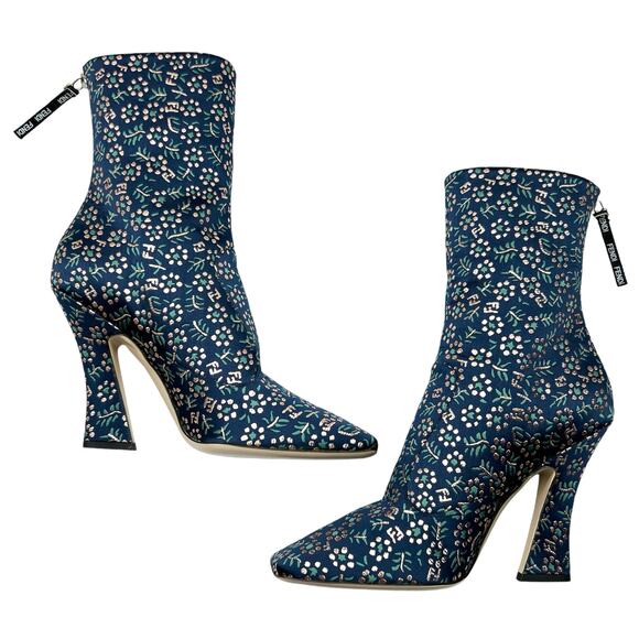 FENDI FFreedom 105mm Square Toe Ankle Boots EU 38 US 8 Floral Jacquard Navy Gold - Picture 3 of 13